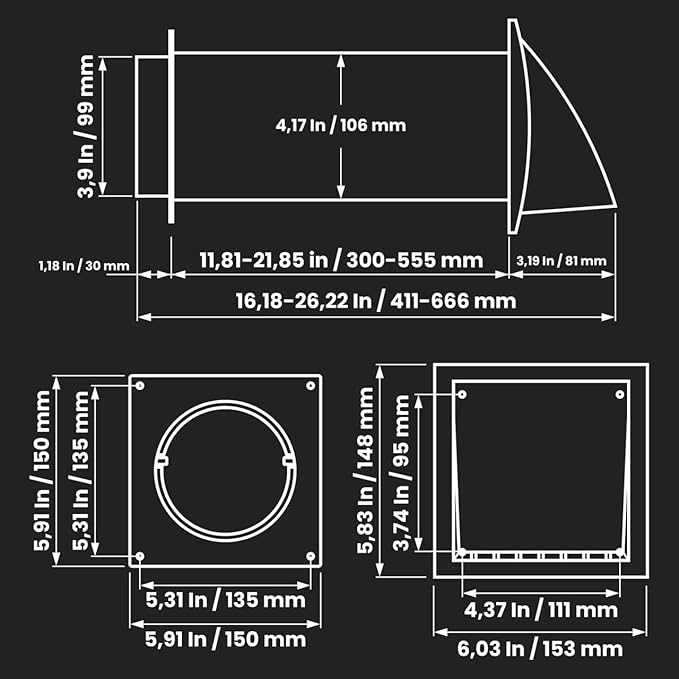 Repa Market 4 Inch Plastic Through Wall Ventilation kit - Dryer Vent Hood with Adjustable Pipe and Duct Connector - White - Dryer exhaust vent with Built in Gravity Damper