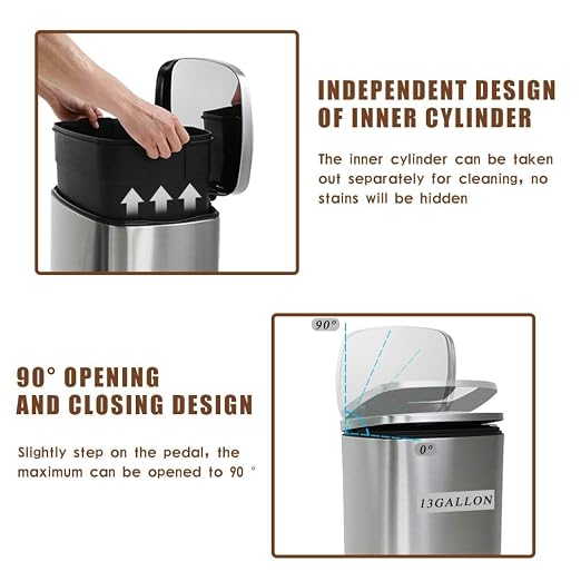 BestOffice 13 Gallon (50L) Trash Can with Lid Garbage Can Commercial Trash Can with Soft-Close Foot Pedal Fingerprint Proof Stainless Steel for Kitchen Home Office Bedroom Bathroom