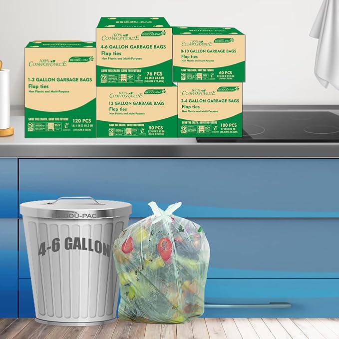 BEIDOU-PAC 4-6 Gallon Flap Tie Compostable Trash Bags, 76 Count, Kitchen Compost Bags, Sturdy Biodegradable Garbage for Food Scrap Waste, ASTM D6400, US BPI Certified