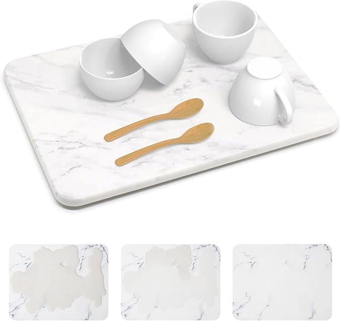 Quick Drying 30s Water Absorbing Stone Tray For Sink, Stone Dish Drying Mat For Kitchen Counter, Diatomaceous Earth Stone Drying Pad, Non Slip Kitchen Mat For Dishes, Marble Pattern, 11.8 X 15.7 Inch