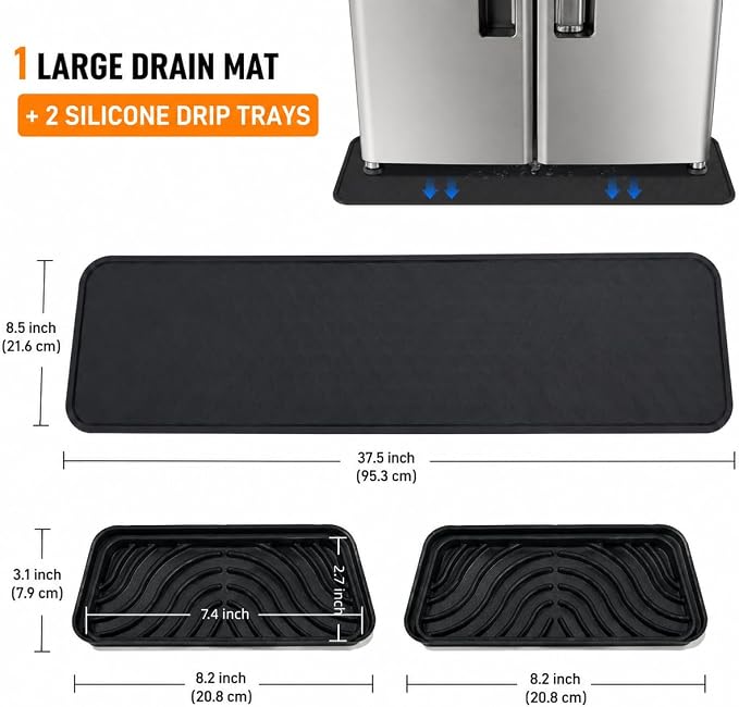 Refrigerator Leak Protection Set, 1 Under Fridge Mat (37.5" x 8.5") + 2 Silicone Refrigerator Drip Trays, Black Non-Slip Textured Floor Protector &Water Dispenser Tray