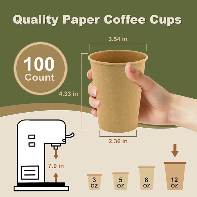 12 oz 100 Pack Disposable Coffee Cups, Bulk Brown Disposable Paper Cups, Coffee Cups for Hot Tea, Chocolate and Cold Drinks