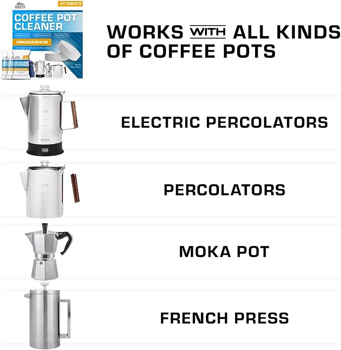 COLETTI Coffee Pot Cleaner — Coffee Percolator Cleaner, Coffee Cleaning Tablets — Descaler for Stainless Steel Percolator, Moka Pot, French Press – Individually Wrapped Tablets [Pack of 24]