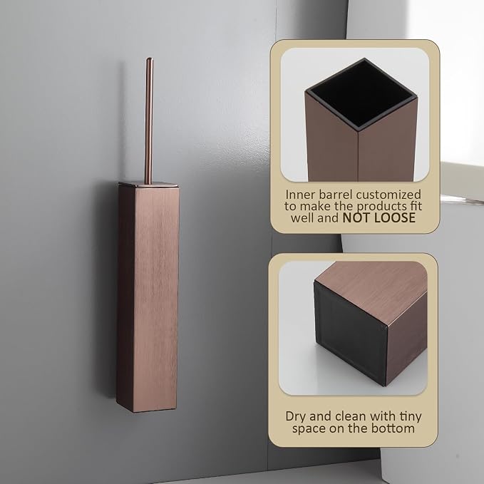 Toilet Brush and Holder Wall Mounted, Brushed Rose Gold Aluminum with 2 Replaceable Heads, Bathroom Toilet Brush, Drill or 3M Adhesive Mount, Removable Liner and Splash Guard, Modern Square Design