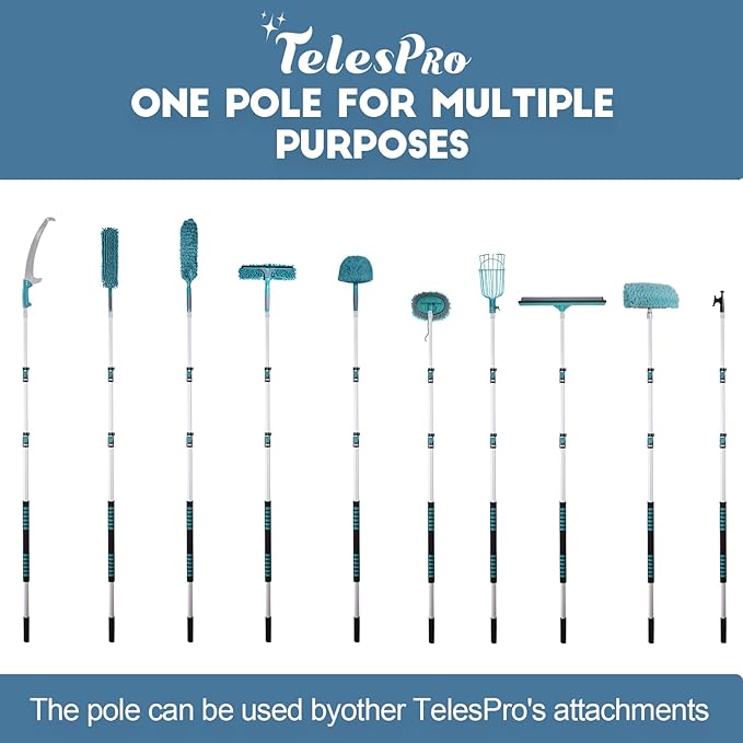 TelesPro 30 Foot High Reach Duster Kit with 6-24FT Extension Pole High Ceiling Dusting and Window Cleaning Kit with Telescopic Pole Window Washer&Squeegee,Cobweb Duster,Fan Duster and Feather Duster