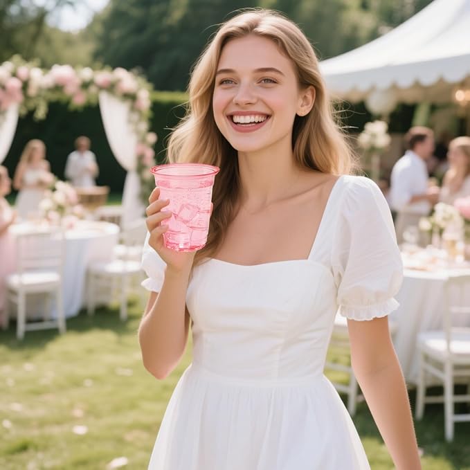 50 Pack Pink Clear Plastic Cups 12 oz Disposable Drinking Cups for Wedding Pink Birthday Party Supplies