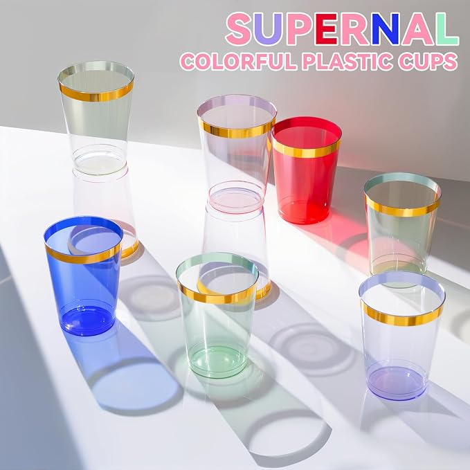 supernal 100 Pcs Pink Plastic Cups,10 Oz Clear Pink Disposable Cups with Gold Trim,Plastic Cocktail/Drink/Bridal Shower/Baby Shower Cups for Party,Wedding and Birthday,Cute Disposable Cup