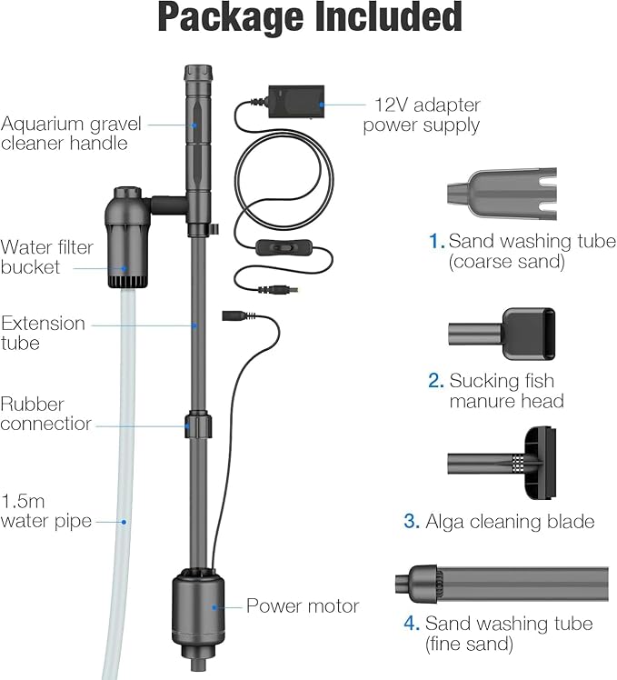 bedee Electric Aquarium Vacuum Gravel Cleaner, 6 in 1 Automatic Fish Tank Cleaning Tool Set Vacuum Water Changer Sand Washer Filter Siphon Adjustable Length, 18W