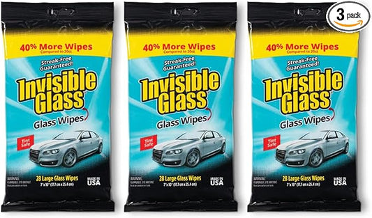 Invisible Glass 90161-3PK Large Glass Cleaning Wipes for Streak-Free Windows, Mirrors, and Glass, Lint-Free, Ammonia-Free, Tint-Safe, for Home and Auto, Flat Pack, 28 Count (Pack of 3)