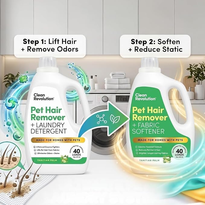 Clean Revolution Pet Hair Remover for Laundry 2-Pack – Removes Dog & Cat Hair Over Time – Enzyme Laundry Detergent & Fabric Softener, Odor Eliminator, Tahitian Palm, 40 oz Each