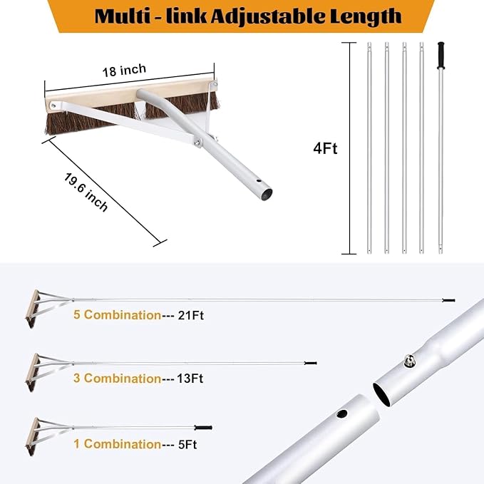 Leaf Roof Brush and Roof Rake, Adjustable Length Roof Cleaning Tool, Remove Roof Leaves Safely, with Natural Brush Head, Lightweight, Easy to Use & Store (21 ft)