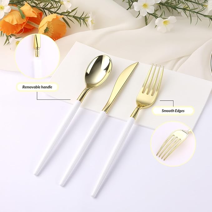 Goodluck 300PCS White Gold Plastic Silverware Set for 100 Guests, 100 Knives, 100 Forks and 100 Spoons, Food-grade material free of BPA, Gold Plastic Cutlery Ideal for Weddings, Birthdays, Graduation