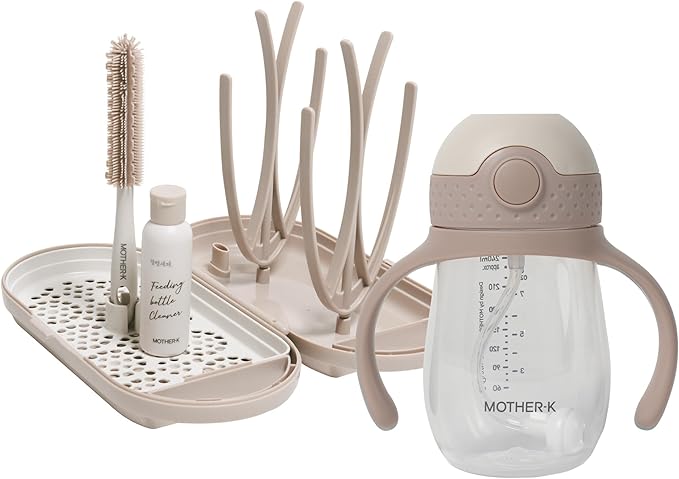 MOTHER-K Travel Baby Bottle Drying Rack Set (Cream Mocha) + Sippy Cup 8oz (Pink)