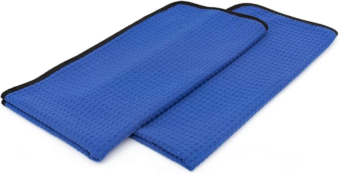 The Rag Company Dry Me A River, Professional Korean 70/30 Blend Microfiber Waffle-Weave Drying & Detailing Towels, Soft Suede Edges, 390 GSM, 20x40 Inches, Royal Blue, 2-Pack