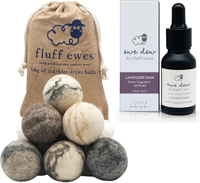 Hustle & Blush Wool Dryer Balls and Essential Oils Blend Bundle Laundry Set, Reduces Drying Time with Long Lasting Fresh Scent Laundry Supplies - 6 Pack Marble Dryer Balls & 15 ml Lavender Rain Oil