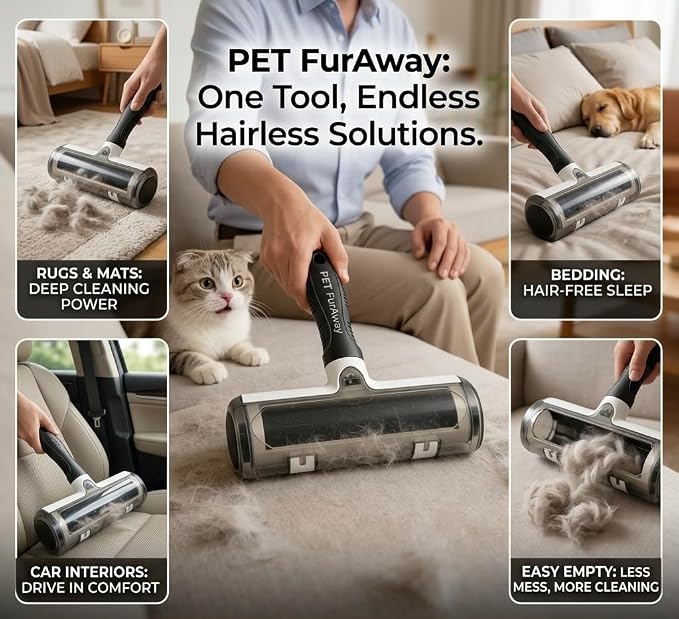 Pet FurAwayPro Reusable Pet Hair Remover – Self Cleaning Lint Roller for Dog & Cat Hair, Removes Fur from Furniture, Couch, Carpet, Car, Rugs & Bedding, Portable & Eco-Friendly