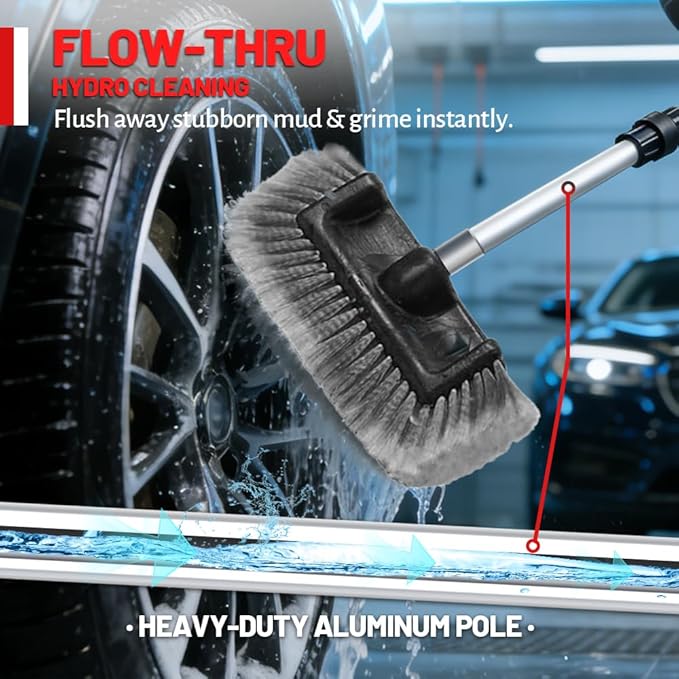 Car Detailing Kit with 65 in Flow-Thru Handle - 4-Head Car Wash Brush Set (Includes 2 Stiff Brushes) - Paint-Safe Auto Washing Mop for Sedan, SUV Exterior Care & Windshield (Grey)