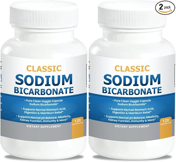 Classic Sodium Bicarbonate 650mg Natural Organic Use Sodium Bicarbonate Powder Pills Tablets (caps) Stomach Acid Alkalinity 120caps 2-Pack