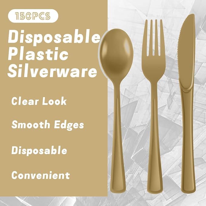 Plastic Silverware 150 PCS Disposable Silverware Heavy Duty Utensil Sets 50 Of Each Forks Knives & Spoons Disposable Cutlery Set For Easter,Birthday,Baby Shower,Garden Party,Wedding(150,Gold)