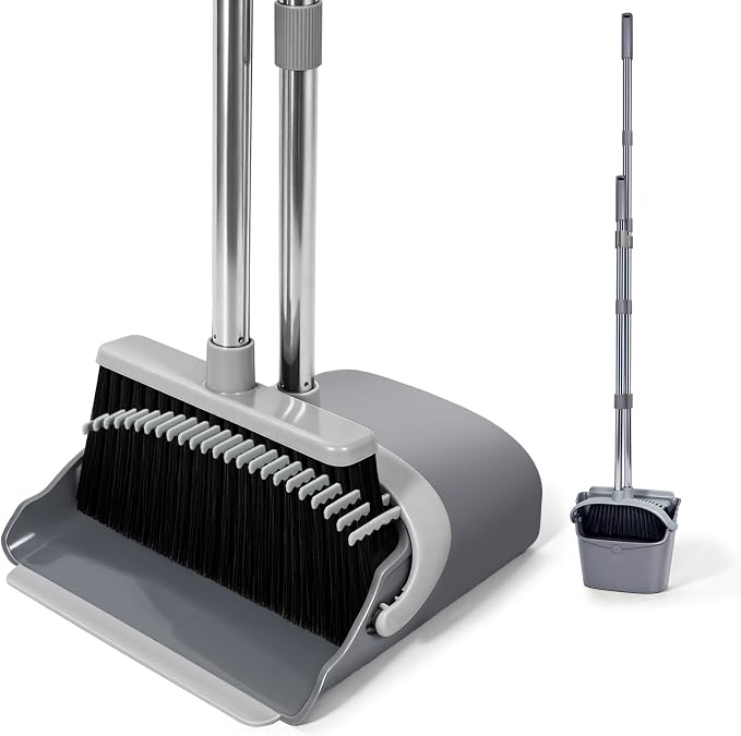 YZO Broom with Dustpan Combo Set, 54.33 Inch Long Handle Standing Design, Dustpan Front Rubber Tight Seal, Broom with 5 Layer Bristles, Suitable for Bedroom, Yard, Office and Apartment(Gray&Black)