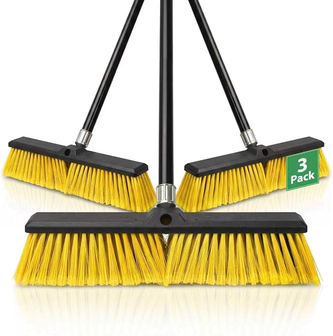 3 Pack 24" Push Broom Outdoor, Heavy Duty Broom with 62" Long Handle, Stiff Bristle Garage Broom for Patio Deck Driveway Concrete Floor Shop Warehouse Cleaning