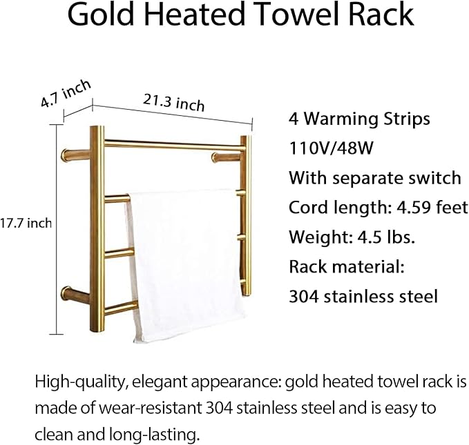 XBVV Gold Heated Towel Rack for Bathroom, Wall Mounted Bath Towel Warmer, Plug-in Electric Towel Rack, 304 Stainless Steel Fast Heating Towel Rack,Keep Bathroom Shower Towels Warm (4-Bar)