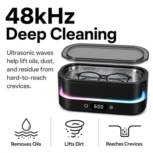 Ultrasonic Cleaner for Jewelry, Glasses & Retainers, 48kHz Sonic Cleaning Machine with LED Ambient Light, Digital Timer, Quiet Deep Cleaner for Rings, Dentures & Watches（Black）
