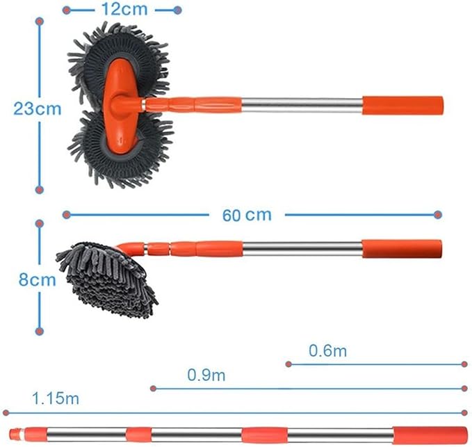 Retractable Double Head Car Wash Brush 360° Rotating Long Handle Car Cleaning Kit Brush Chenille Microfiber Car Wash Mop Not Hurt Paint Scratch Free((Single Set + 1 Spare Brush Head)