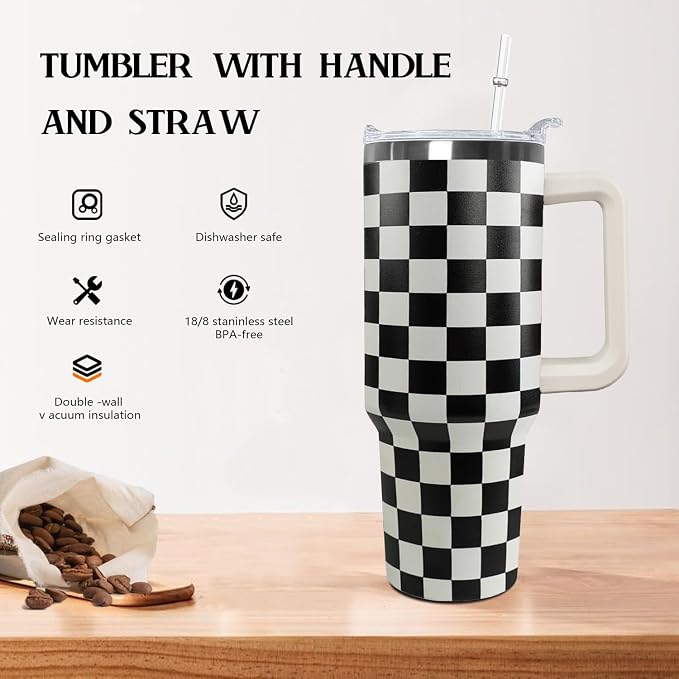 Ceovfoi Black and white Checkered Tumbler with Handle Lid and Straw,40 Oz Checkered Tumbler Water Bottle Travel Coffee Cup Mug,Checkered Gifts for Women Men