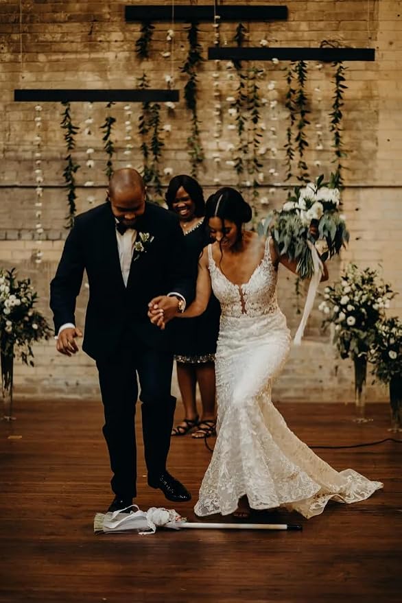Wedding Broom for Jumping Ceremony, African American Decorative Broomstick DIY with White Floral Pearl Dimond