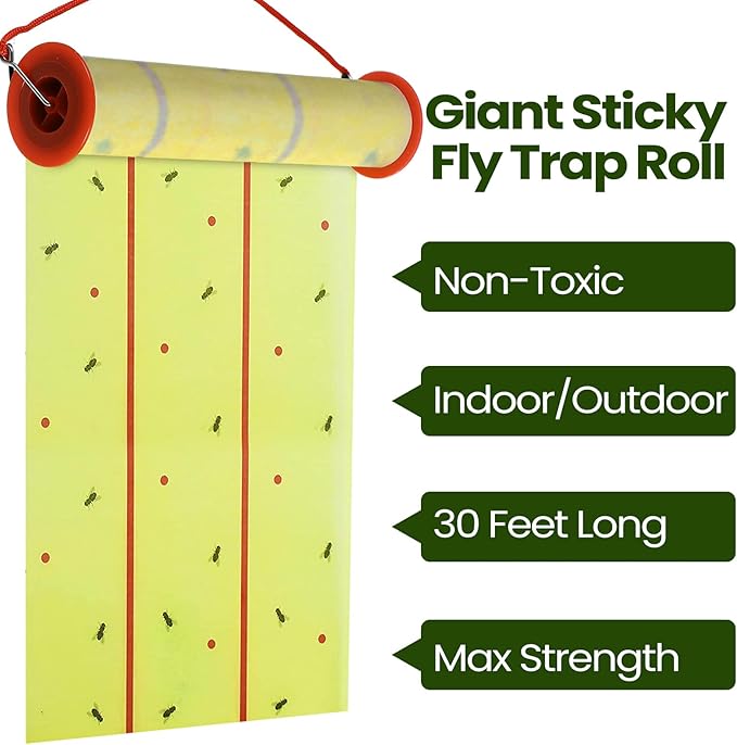 Qualirey Giant Sticky Fly Traps, Fly Strips for Indoor Outdoor Hanging Flying Tapes Non Toxic Ribbon Fruit Gnat Killer for Mosquito Plants House Horse Stable(30 ft,Yellow,10 Pcs)