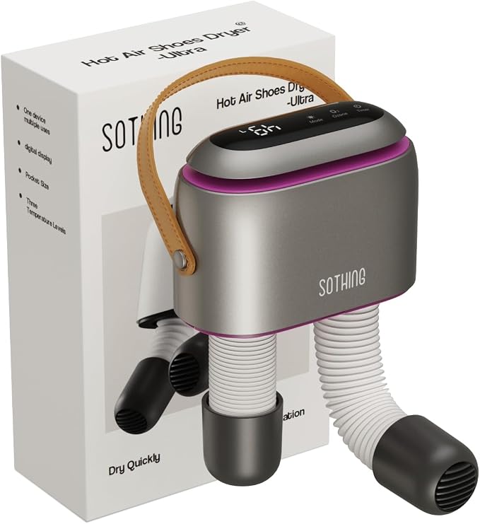 SOTHING Boot Dryer for Work Boots and Ski Boots with Ozone Odor Freshening, Portable Shoe Dryer & Glove Dryer with 11.81-Inch Extendable Hoses, 3 Heat Levels, 1–9H Timer for Sneakers and Rain Boots