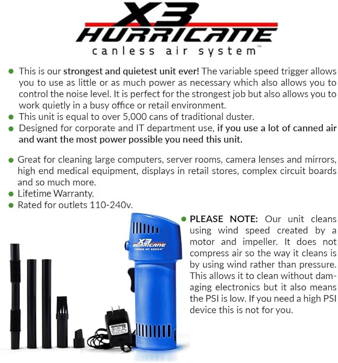 Canless Air Rechargeable Compressed Air Duster Can - Permanent - More Continuous Use Than Traditional Canned Air Dusters - Green Alternative for Computers & More - USA Made