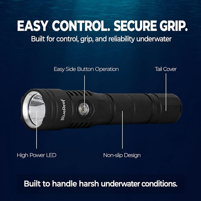 Blue Reef 1200 Lumens Compact Scuba Dive Light, 5Hr Runtime / 2Hr at Full 1200LM Power – USB-C Rechargeable, 100m Waterproof Diving Flashlight for Scuba, Snorkeling & Night Diving