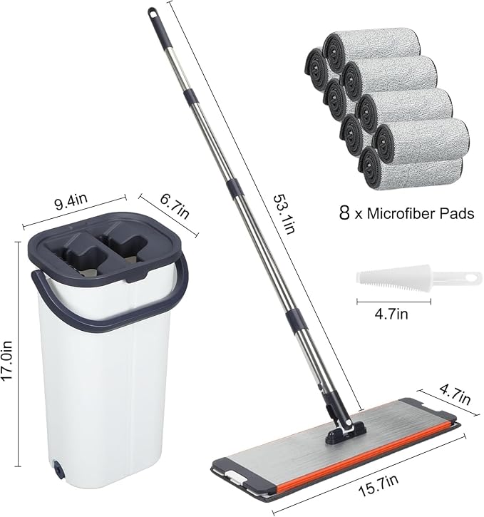 16 Inch Dual-Bucket Spin Mop Set, ， Hands-Free Wringing System，360° Rotating Flat Mop with Separate Clean & Dirty Water, Aluminum Alloy Head & 8 Microfiber Pads