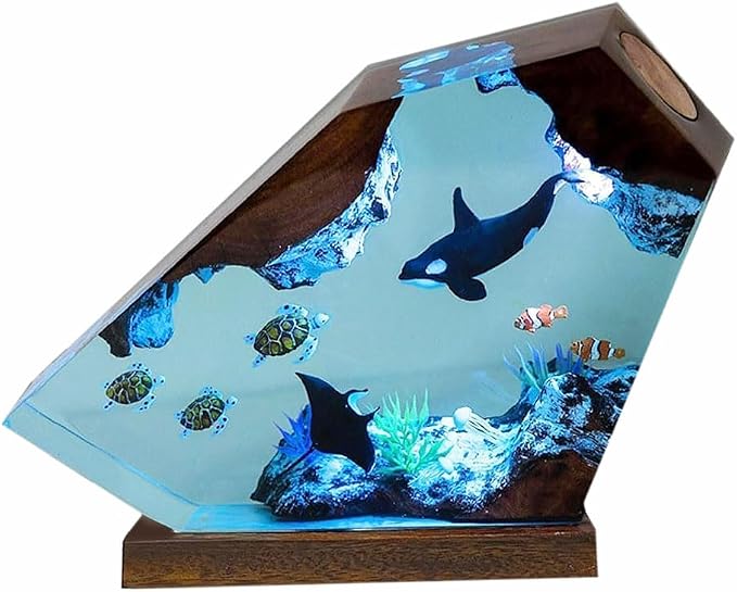 Orca Ocean Resin Lamp, Handmade Wooden Table Resin Night Light, USB Port Art Ornaments for Home Office Decor, Scuba Diver Gifts for Holiday, Unique Birthday Gifts for Mom Grandma Brother Sister