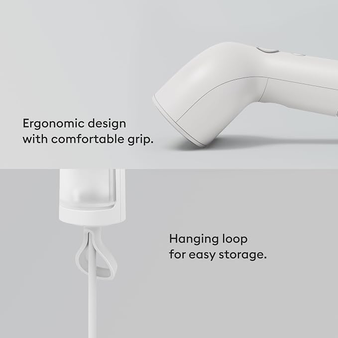 Steamery Handheld Clothes Steamer Cirrus Core, 1350W, Steam Output 0.74 oz/min, Heat up in 15 Seconds, Dry Steam Technology, Hanging Loop, Visible Water Tank, Portable, Scandinavian Design (White)