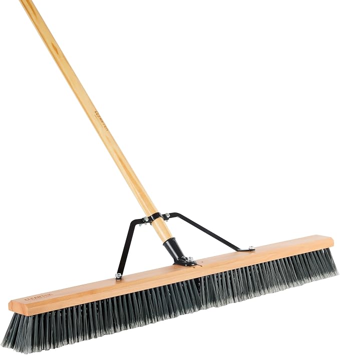 Restaurantware-Clean Tek Professional 36 Inch Push Broom, 1 Heavy-Duty Broom with 60â€ Handle - Medium Plastic Bristles, Durable, Wooden, Commercial Use, for Deck, Driveway, Garage, Yard, Patio