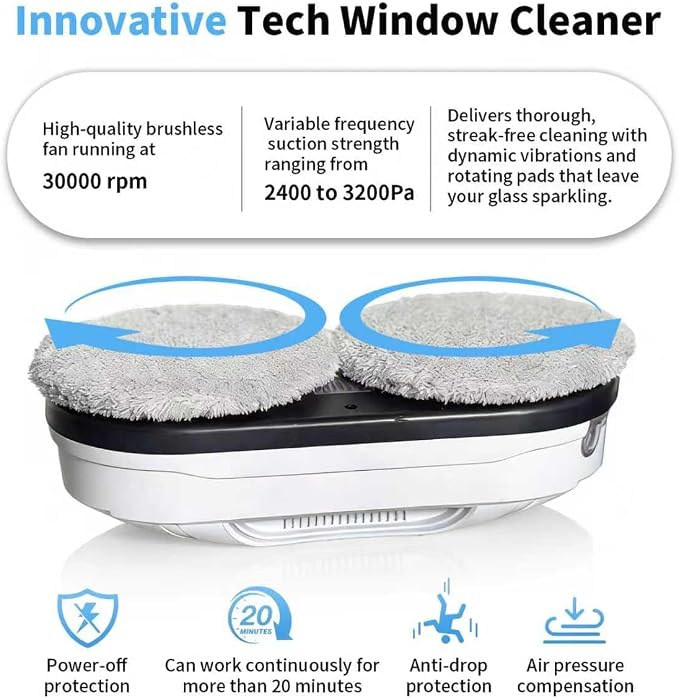 Patiixie Robotic Window Cleaner with 3-Layer Safety AI Path Planing Navigation, 3200Pa Strong Suction & UPS Anti-Drop, Perfect for High-Rise Windows, Glass Doors, Gift for Parents