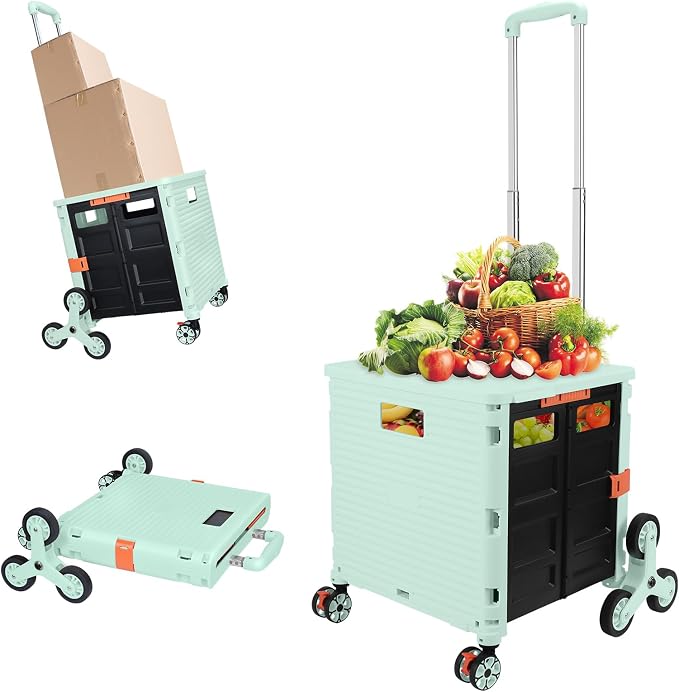 FELICON SELORSS Folding Utility Cart Portable Rolling Crate Handcart with Stair Climbing Wheels&360°Swivel Wheels Telescoping Handle Plastic Box Dolly for Travel Shop Move Office Teacher Use(Green)