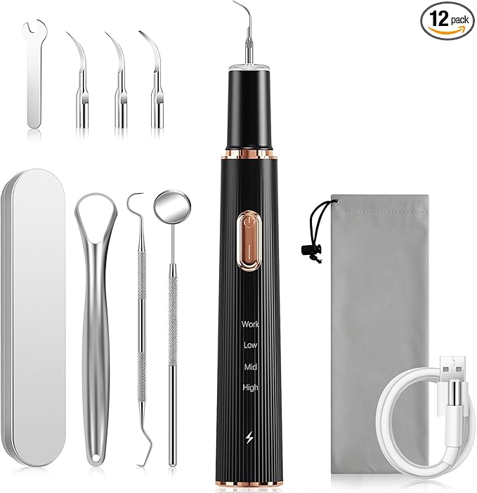 Plaque Remover for Teeth, Tartar Remover for Teeth Cleaning with 4 Replaceable Heads and 3 Adjustable Modes, Rechargeable Teeth Cleaning Plaque Remover for Home