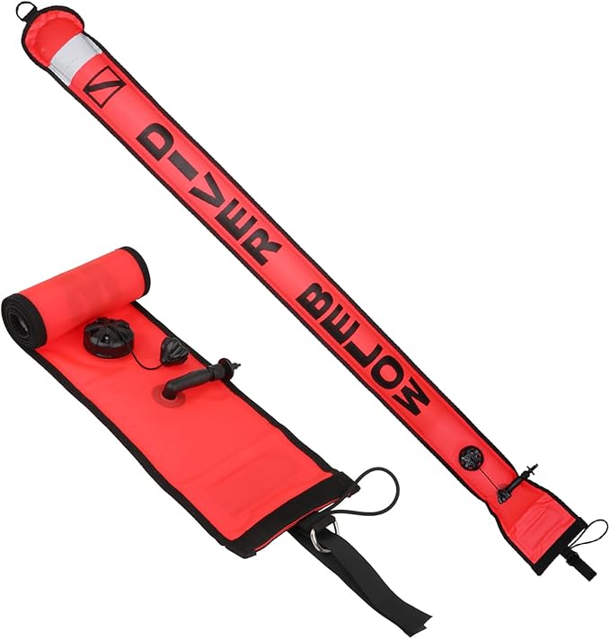 4ft Surface Marker Buoy, Hi-Vi Inflatable Scuba Signal Tube with Reflective Strip, Scuba Diving Open Bottom Float (SMB) for Underwater Diving Snorkeling