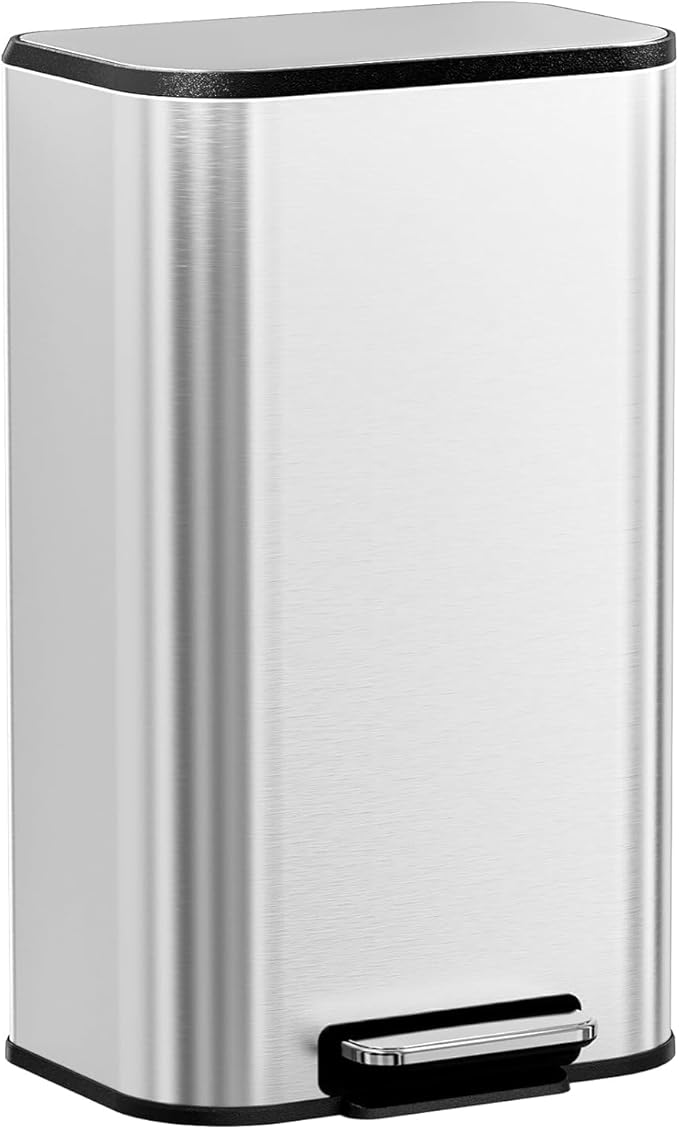 8 Gal/13.2 Gal Stainless Steel Kitchen Trash Can, Step Garbage Can with Soft-Close Lid & Removable Inner Bucket, Fingerprint-Proof Waste Bin with Wide Non-Slip Pedal for Home Office Bathroom