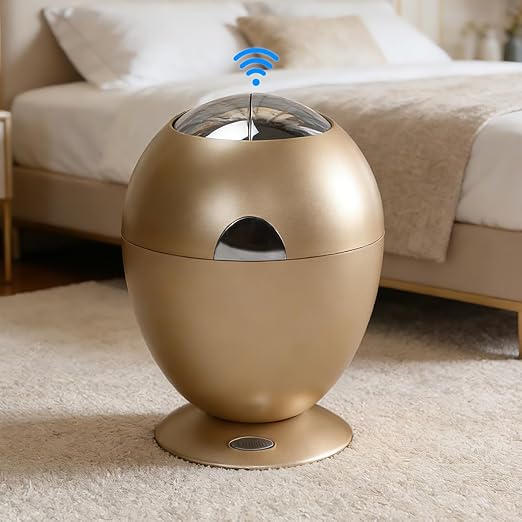 Automatic Motion Sensor Trash Can, 2.6 Gallon/10L Small Cute Garbage Bin with Lid, Hands-Free Silent Opening for Baby Diaper, Kids Room, Bedroom, Office, Home Decor - Modern Egg Shape (Gold)