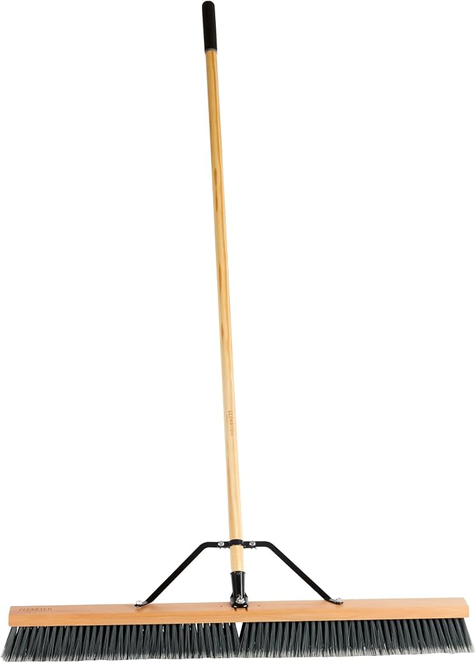 Restaurantware-Clean Tek Professional 36 Inch Push Broom, 1 Heavy-Duty Broom with 60â€ Handle - Medium Plastic Bristles, Durable, Wooden, Commercial Use, for Deck, Driveway, Garage, Yard, Patio