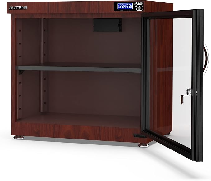 80L Dehumidifying Dry Cabinet Box, Wood grain Design Digital Control Noiseless and Energy Saving, for Camera Lens and Electronic Equipment Storage,Temperature Humidity LED Dual Screen