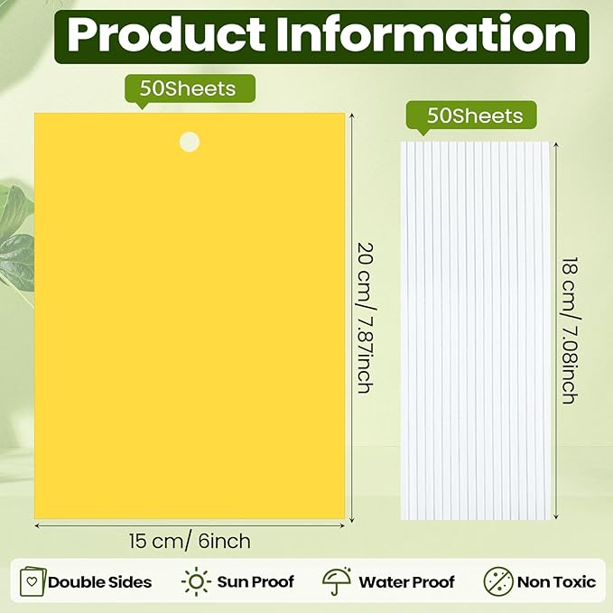 Qualirey 50 Pcs 6 x 8 Inch Sticky Traps for Plant Double Sided Sticky Trap for Gnats with Twist Ties Fly Traps for Fruit Insect Fungus Bugs Indoor Outdoor (Yellow)