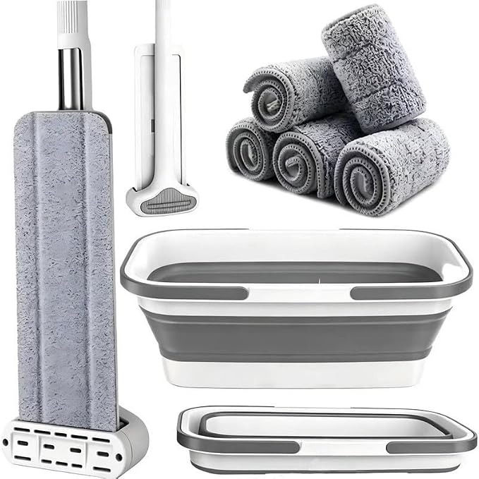 Large Flat Mop and Scalable Bucket with Wheels, 360 Rotating Microfiber Dust Mop with Dewatering Scraper, 54" Adjustable Stainless Steel (1 Mop + 6 Microfiber Pads + 1 Bucket)