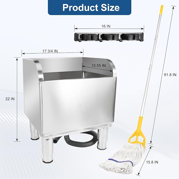 17 3/4in Stainless Steel Floor Mop Sink with Detachable Mop, Suitable for Laundry Rooms, Restaurants, Garages, Balconies, and Other Commercial Settings (17.7“L x 15.5”W x 21.9"H)