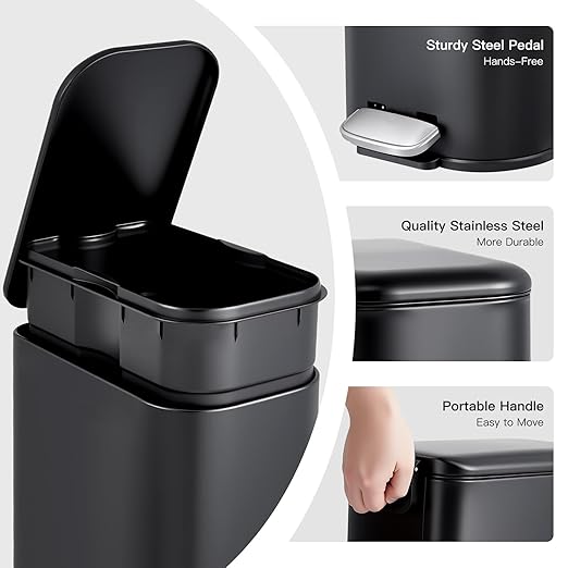 Garvee Bathroom Trash Can with Lid, 1.3 Gallon / 5 Liter Stainless Steel Garbage Can with Removable Liner Bucket, Small Step Wastebasket with Slim Design for Toilet Bedroom Office, Black